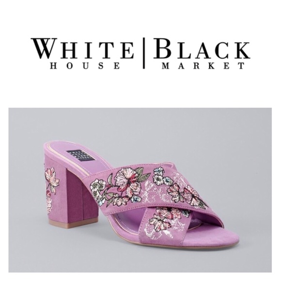 White House Black Market Shoes - New! Embroidered Suede Cross-Band Chunky Heel Mules Sandals in Dusty Pink Mauve